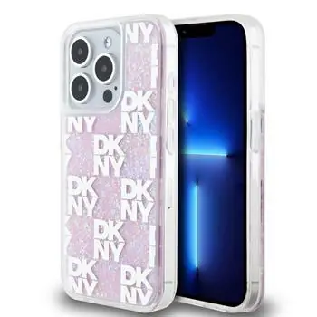 DKNY Liquid Glitter Checkered Pattern Backcover für Apple iPhone 15 Pro Pink