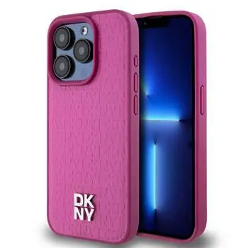 DKNY PU-Leder Repeat Pattern Stack Logo Magsafe Back Cover für Apple iPhone 15 Pro Pink