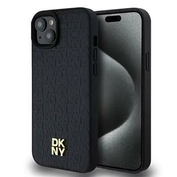 DKNY PU Leder Repeat Pattern Stack Logo Magsafe Back Cover für Apple iPhone 15 PLUS Schwarz