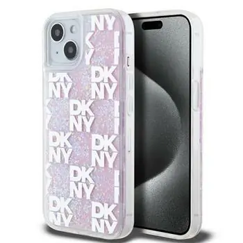 DKNY Liquid Glitter Checkered Pattern Backcover für Apple iPhone 15 rosa