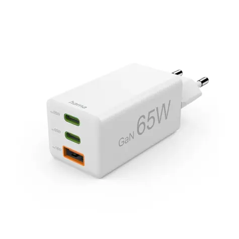 HAMA GaN USB-Ladegerät 65W weiß / 2x USB-C / USB / PD / QC / 65W