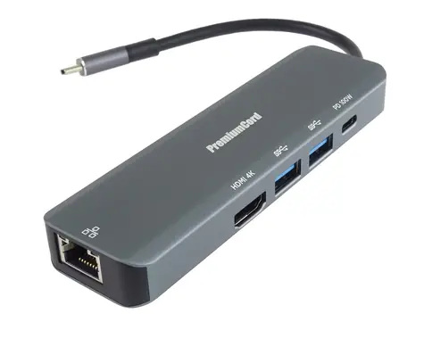 PremiumCord -Adapter USB-C auf HDMI + 2x USB3.2 + PD 100W+ RJ45 10/100/1000Mbps
