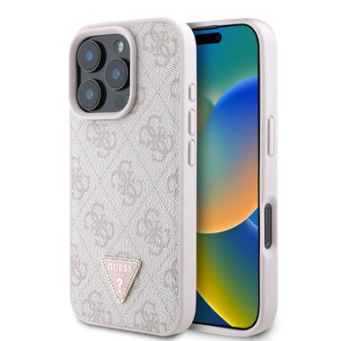 Guess PU 4G Strass Triangle Metal Logo Backcover für Apple iPhone 16 Pro Max Pink