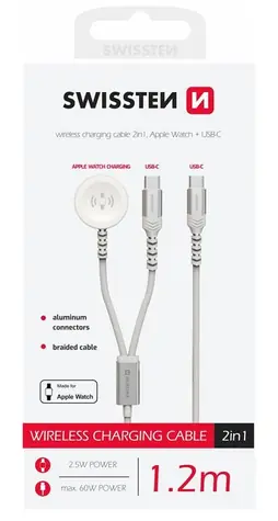Swissten Magnetkabel für Apple Watch und USB-C 1,2m weiß / USB-C / 2in1 / 60W / geflochten