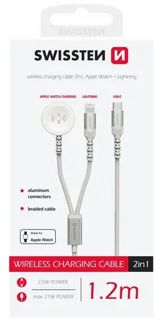 Swissten Magnetkabel für Apple Watch und Lightning 1,2m weiß / USB-C / 2in1 / 60W / geflochten