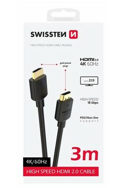Swissten Kabel HDMI 2.0 (M) - HDMI 2.0 (M) 3M schwarz / 18 Gbit/s / 4K / 60Hz / vergoldete Kontakte