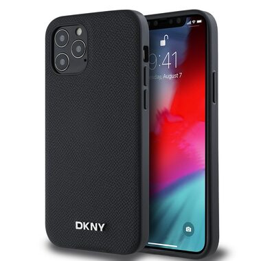 DKNY Magsafe-Rückseite aus PU-Leder mit silbernem Logo für Apple iPhone 12/12 Pro, Schwarz