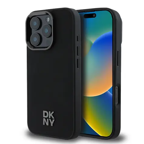 DKNY PU-Leder Stack Logo Magsafe Backcover für Apple iPhone 16 Pro Schwarz