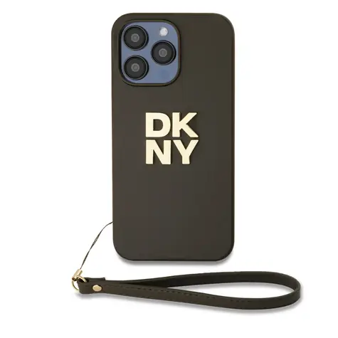 DKNY PU-Leder-Stack Logo -Handschlaufe-Rückseite für Apple iPhone 14 Pro Braun