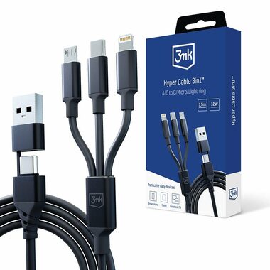 3mk Hyper Cable Ladekabel 3in1 A/C auf C/Micro/Lightning 1,5m schwarz