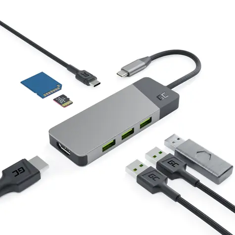 Green Cell GC Connect HUB USB-C PD 85W / Hub 7- Port / 15cm / 3xUSB-A / 1xUSB-C / 1xHDMI / 1xSD / 1xmicroSD / 4K