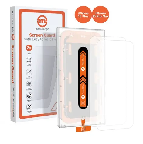 Mobile Origin Orange Screen Guard Schutzglas für Apple iPhone 15 Pro Max/15 PLUS mit Applikator / 2 Stück