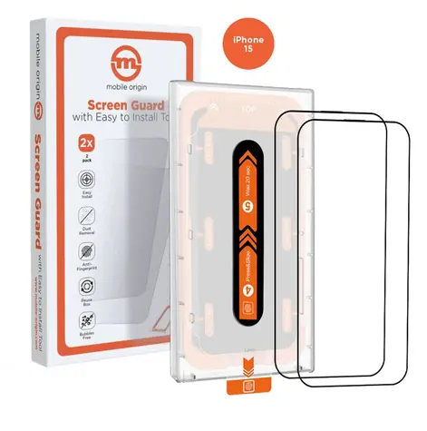 Mobile Origin Orange Screen Guard Schutzglas für Apple iPhone 15 mit Applikator / 2 Stück