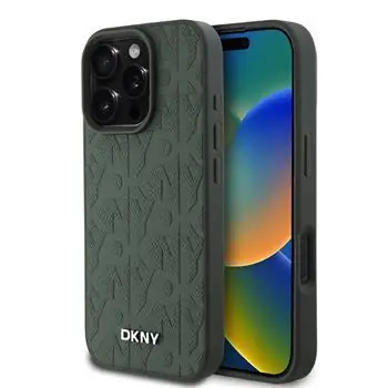 DKNY PU-Leder Gittermuster Magsafe Back Cover für iPhone 16 Pro Grün