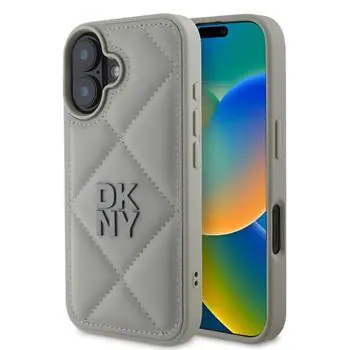 DKNY PU-Leder gestepptes Stack Logo Backcover für iPhone 16 PLUS Grau