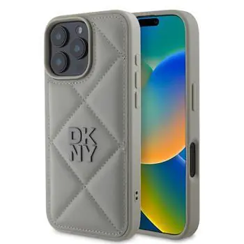 DKNY PU-Leder gestepptes Stack Logo Backcover für iPhone 16 Pro Max, Grau