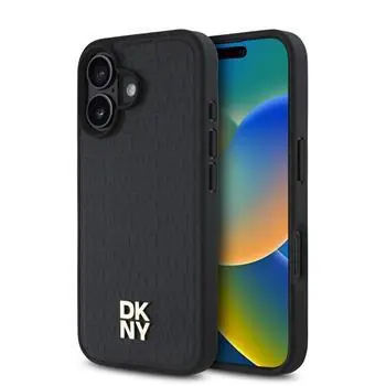 DKNY PU-Leder Repeat Pattern Stack Logo MagSafe Back Cover für iPhone 16 Schwarz