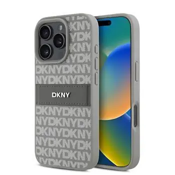 DKNY PU-Leder-Rückseite mit Wiederholungsmuster und farblich abgestimmten Streifen für iPhone 16 Pro Max, Beige
