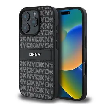 DKNY PU-Leder-Rückseite mit Wiederholungsmuster und farblich abgestimmten Streifen für iPhone 16 Pro Max, Schwarz