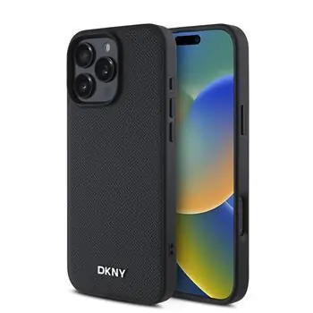 DKNY PU-Leder Silber Metall Logo Magsafe Back Cover für iPhone 16 Pro Max Schwarz