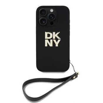 DKNY PU-Leder Stack Logo Handgelenksschlaufe Back Cover für iPhone 16 Pro Max Schwarz