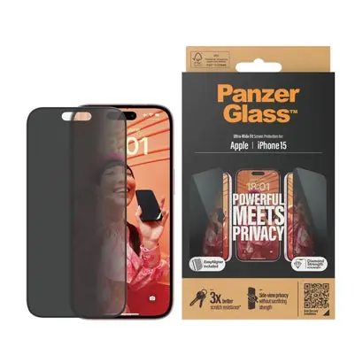 PanzerGlass gehärtetes Glas UWF Sichtschutz mit Applikator für iPhone 15 schwarz
