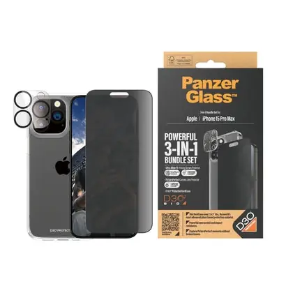 PanzerGlass - Bundle PicturePerfect + UWF Privacy Tempered Glass + D3O Hard Case für iPhone 15 Pro Max
