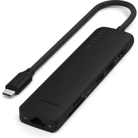 Satechi 7-in-1 USB-C Slim Multiport, schwarz / Netzteil / USB-C / 2x USB-A / HDMI / RJ45 / microSD / SD / PD 100 W