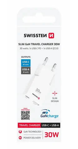 Swissten Slim GaN USB-C + USB-A 30W Ladeadapter weiß
