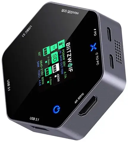 Blitzwolf BW-TH16 Dockingstation 8-in-1, grau / LCD SMART Display / 2x USB-A / 3x USB-C / 1x HDMI / SD + TF
