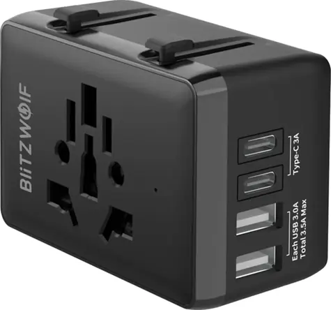 Blitzwolf BW-TA1 Reiseadapter 4 in 1 schwarz / 2x USB-A / 2x USB-C