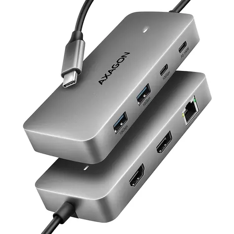 Axagon HMC-CUB83X2, USB-Hub (10 Gbit/s), 2x USB-A, USB-C, HDMI & DP (4K/144 Hz), RJ-45-Anschluss, PD (100 W), 15 cm langes USB-C-Kabel