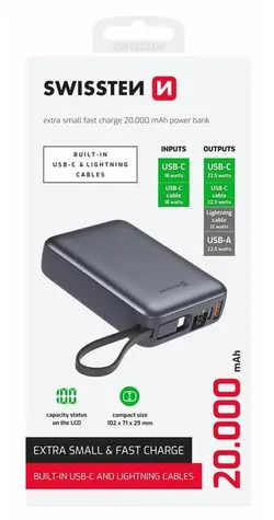 Swissten 22013945 20000mAh silber / Powerbank mit integrierten Kabeln / 2x USB-C + Lightning