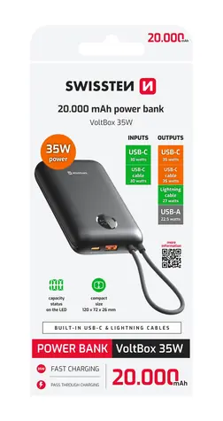 Swissten 22013937 VOLTBOX 20000mAh schwarz / Powerbank mit integrierten Kabeln 