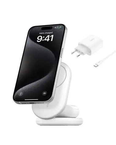 Belkin BOOST CHARGE Qi2 Magnetische Ladestation 2in1 weiß / faltbar / 15W