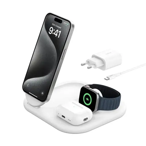 Belkin BOOST CHARGE Qi2 Magnetische Ladestation 3-in-1 weiß / faltbar / 15 W