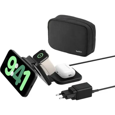 Belkin BOOST CHARGE PRO Qi2 Kabelloses, faltbares Reiseladegerät 3-in-1, schwarz / 25 W / CZ -Adapter
