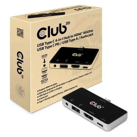 Club3D CSV-1591 USB-C 4-in-1 Hub, schwarz / HDMI/4K@60Hz / 1x USB-A / 3,5-mm-Klinkenanschluss / USB-C / PD