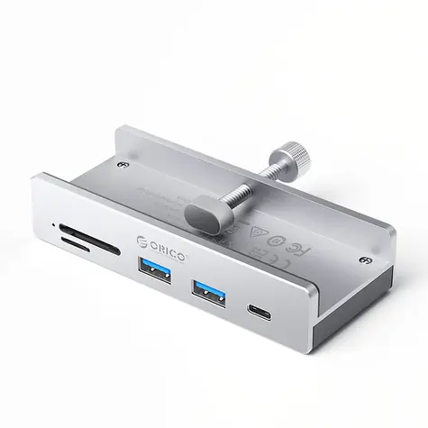 Orico MH5PC USB-Hub mit Klemmhalterung silber / 2x USB-A + 1x USB-C + SD/TF