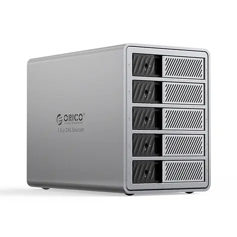 Orico 9858T3 Dockingstation, grau / für 5 Festplatten (2,5"/3,5" SATA HDD/SSD) / 110 TB / 40 GB/s / Thunderbolt 3 + DisplayPort