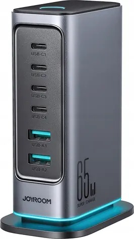 Joyroom JR-TCM02 Multiport-Ladegerät, grau / Desktop-Ladegerät / 4X USB-C + 2x USB-A / 65 W / LED