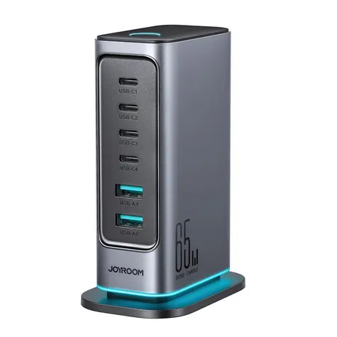 Joyroom JR-TCM02 grau / Tischladegerät / 4X USB-C + 2x USB-A / 65 W / LED / UK-Stecker