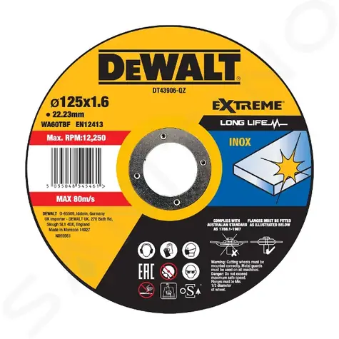 DeWalt DT43906 / Edelstahl-Trennscheibe / Durchmesser 125 x 22,23 mm / Schnittbreite 1,6 mm