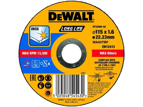 DeWalt DT43905-QZ / Trennscheibe aus Edelstahl / Durchmesser 115 x 22,3 mm / Schnittbreite 1,6 mm