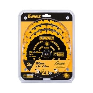 DeWalt DT10399 / Sägeblatt-Set / Durchmesser 190x30 mm / Zahnstärke 1,65 mm / Anzahl Zähne 24 / 3-teilig / Lagerverkauf