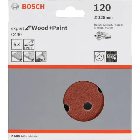 BOSCH Expert C430 2608605643 / Exzenterschleiferscheibe / Körnung 120 / 125mm / 8 Löcher / Klettverschluss / 5Stk