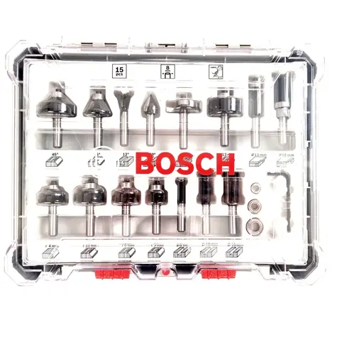 BOSCH 2607017472 / Gemischter Satz Formfräser mit Spindel 8 mm / 15-tlg