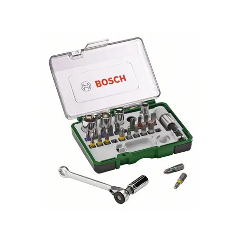 BOSCH 2607017160 / Satz Bits und Stecknüsse (27 Stück) / 19x Bit / 5x Steckschlüssel / 1x Ratsche / 1x Halter / 1x Adapter