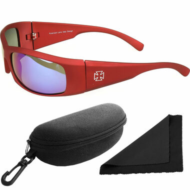 Polarized Sonnenbrille 77 - rotes Gestell - blaue Spiegelgläser / polarisierte Gläser / Etui und Stoff
