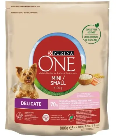 PURINA One Mini Adult Delicate Salmon & Rice 800 g / für ausgewachsene Hunde / mit Lachs und Reis / für kleine Rassen